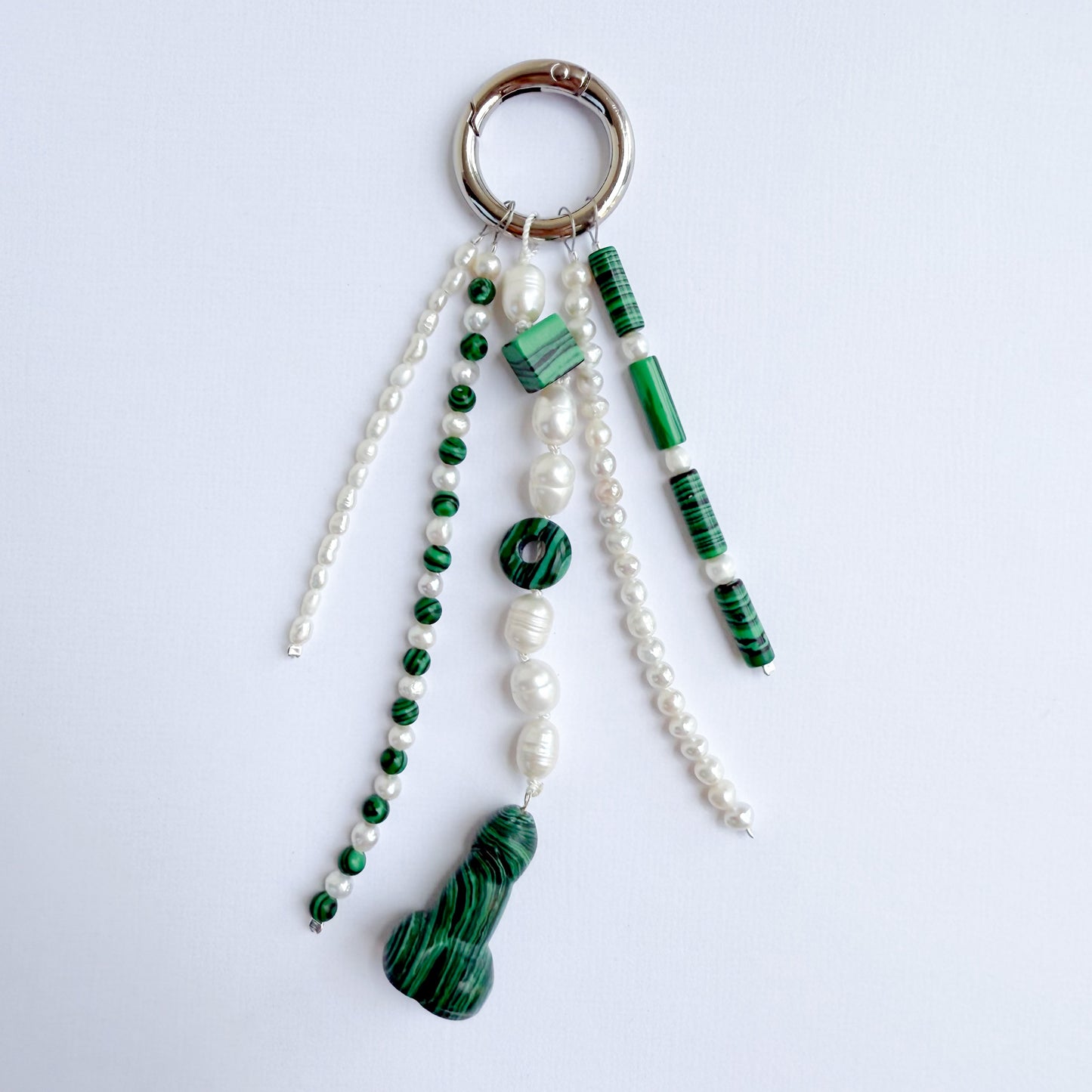 Malachite & Pearl Bag Charm – Bold Energy with Silver Details