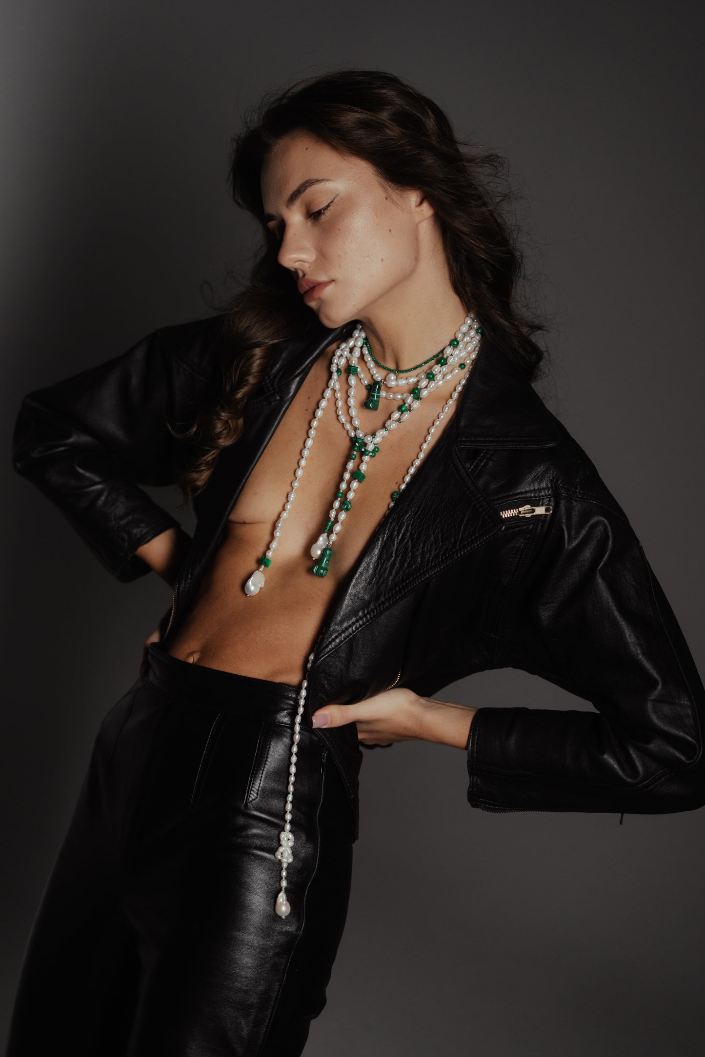 Pearl & Malachite Necklace, Bag charm, Belt – Multi-Use Piece