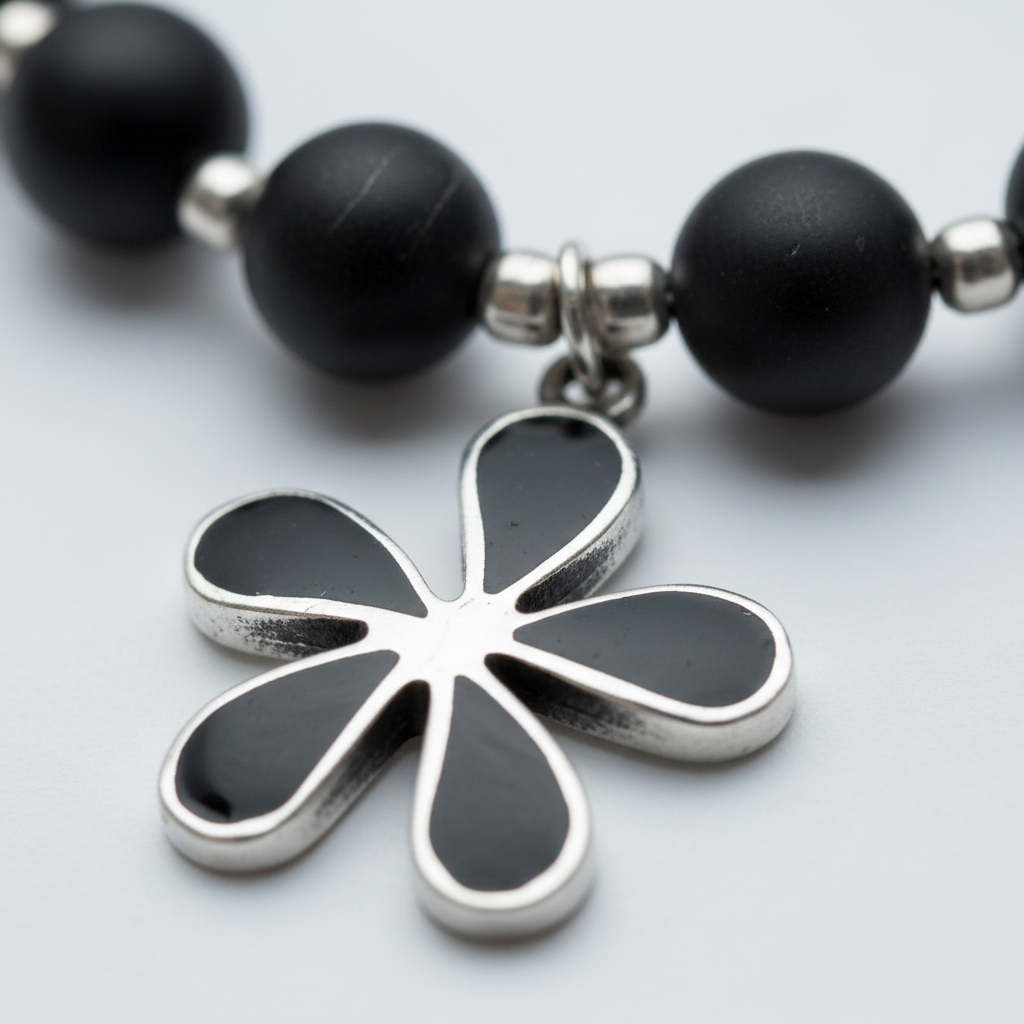Onyx Bracelet with Vintage Silver Flower Charm