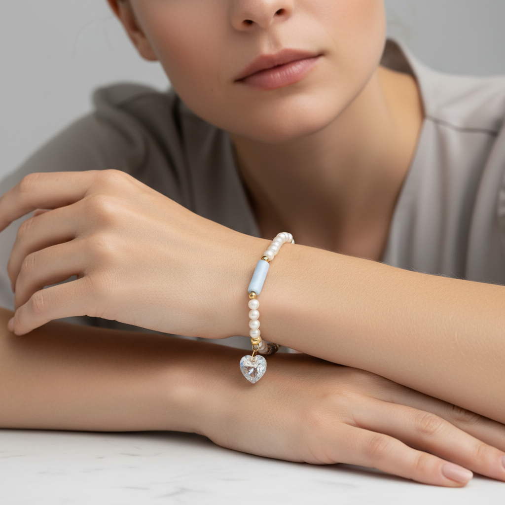 Pearl & Aquamarine Bracelet with Crystal Heart Charm