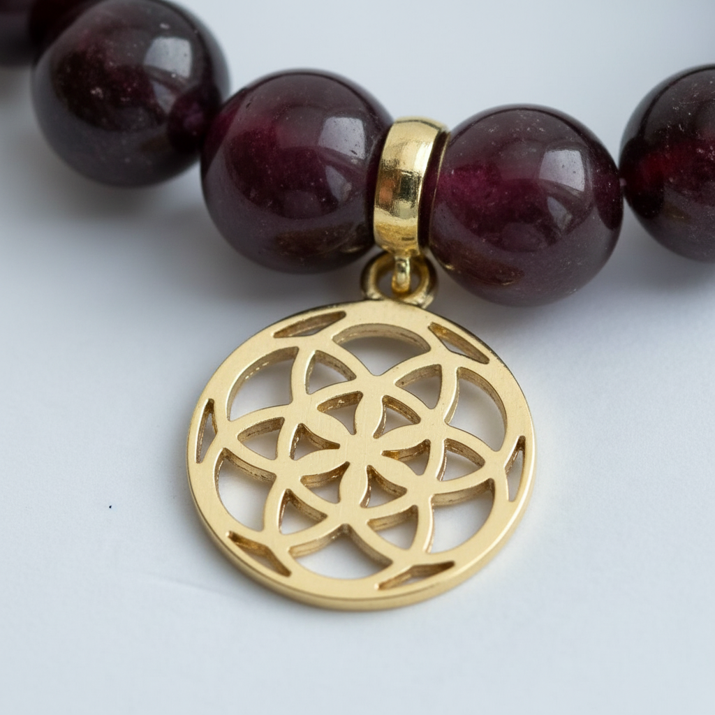 Garnet Bracelet with Seed of Life Charm