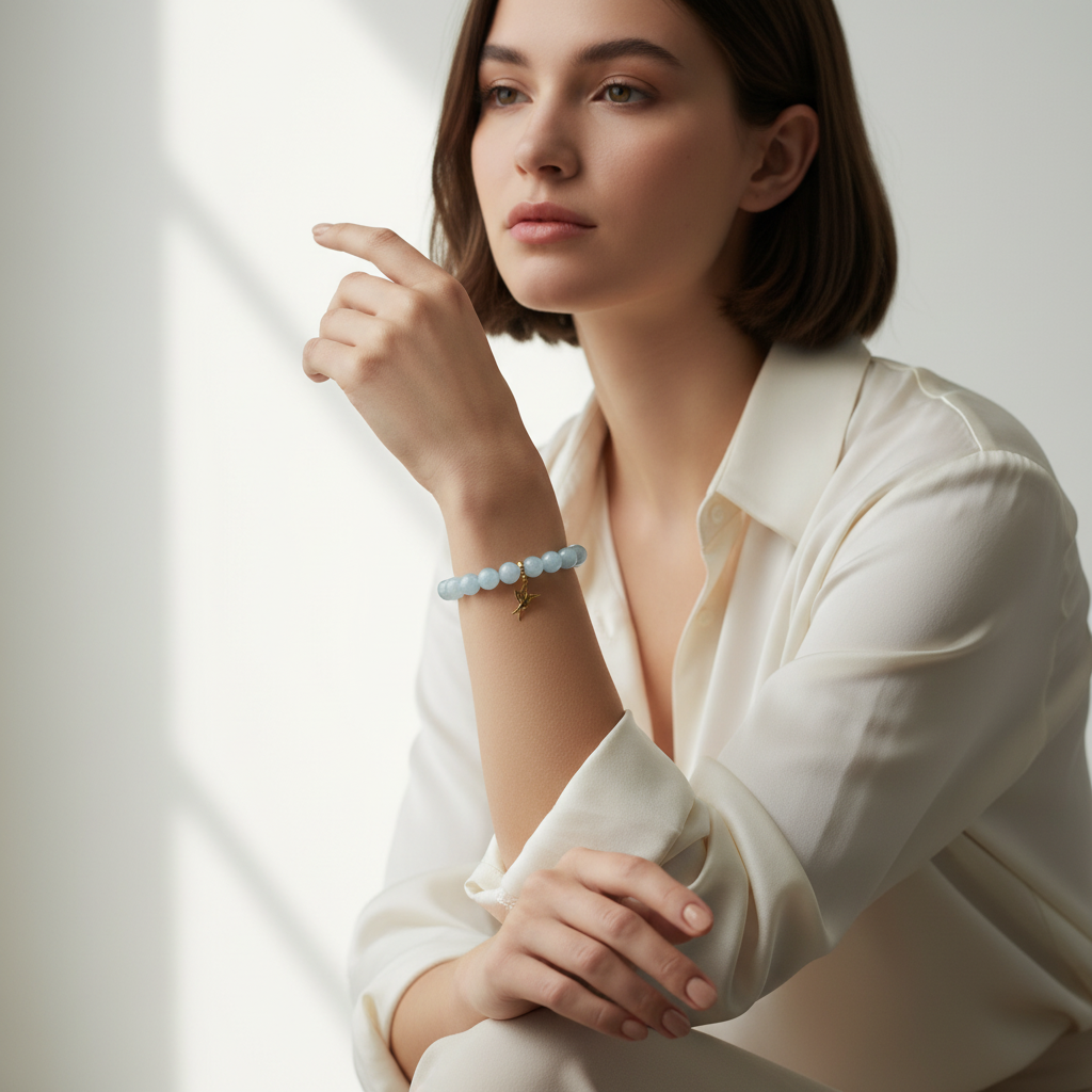 Aquamarine Manifestation Bracelet with Gold Hummingbird Charm