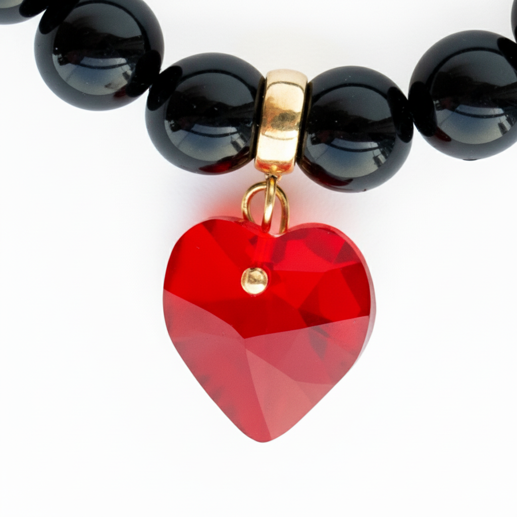 Onyx Bracelet with Red Heart Swarovski Charm