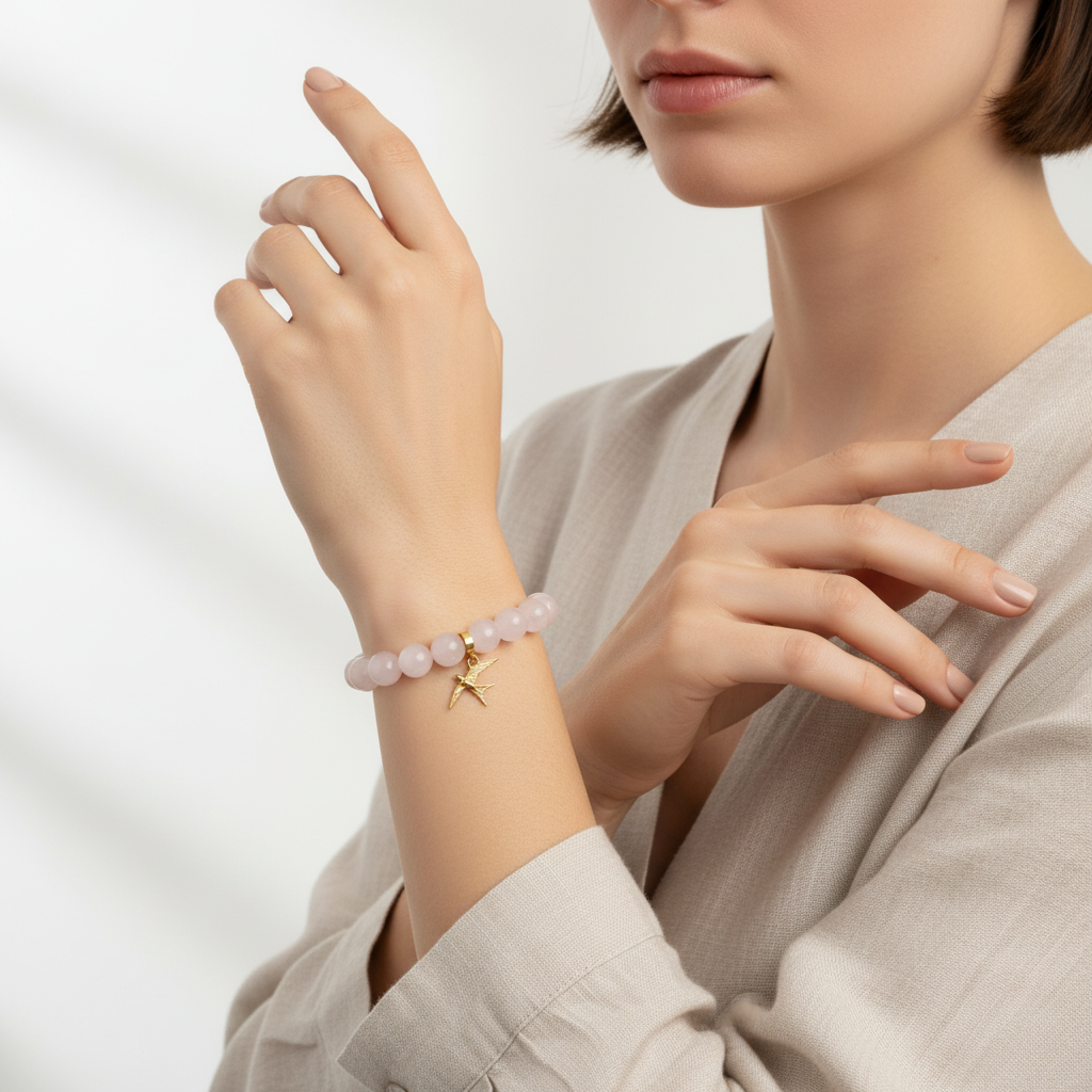 Rose Quartz Bracelet with Swallow Charm