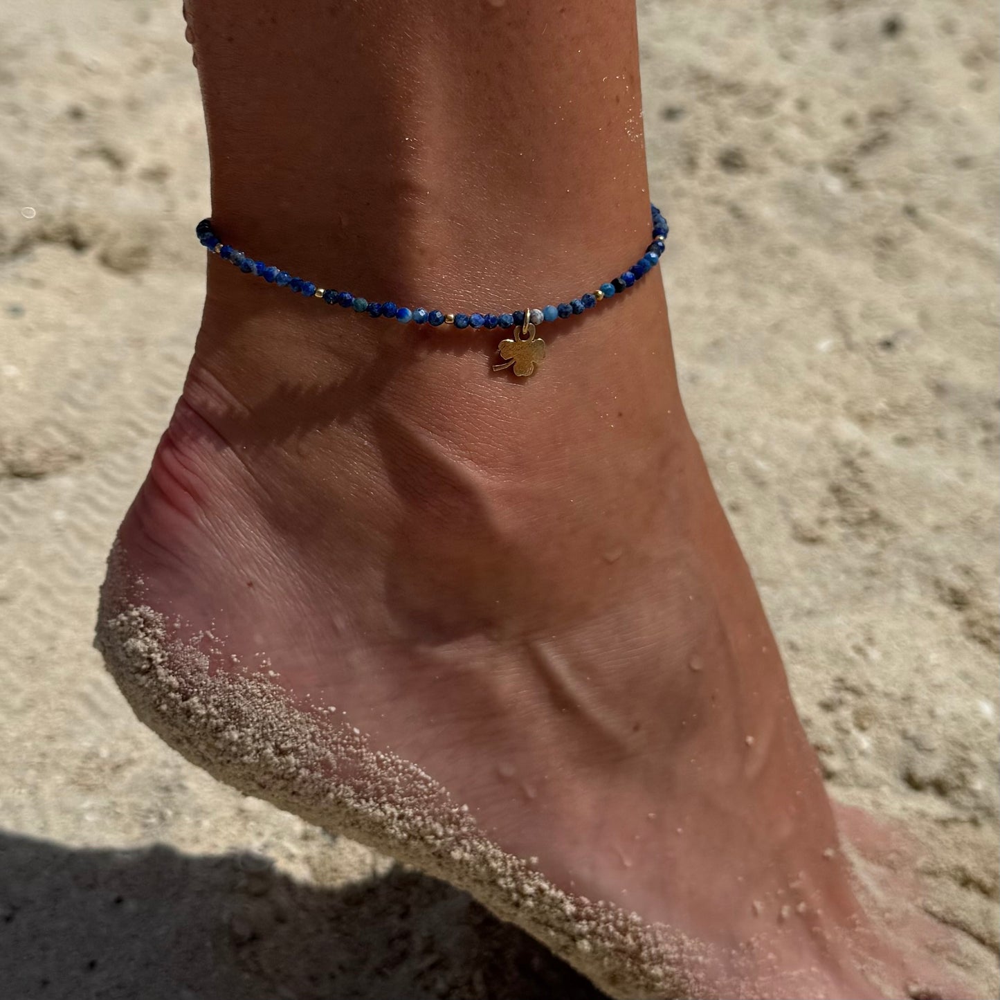 Lapis Lazuli Anklet with Gold-Plated Silver & Lucky Clover Charm