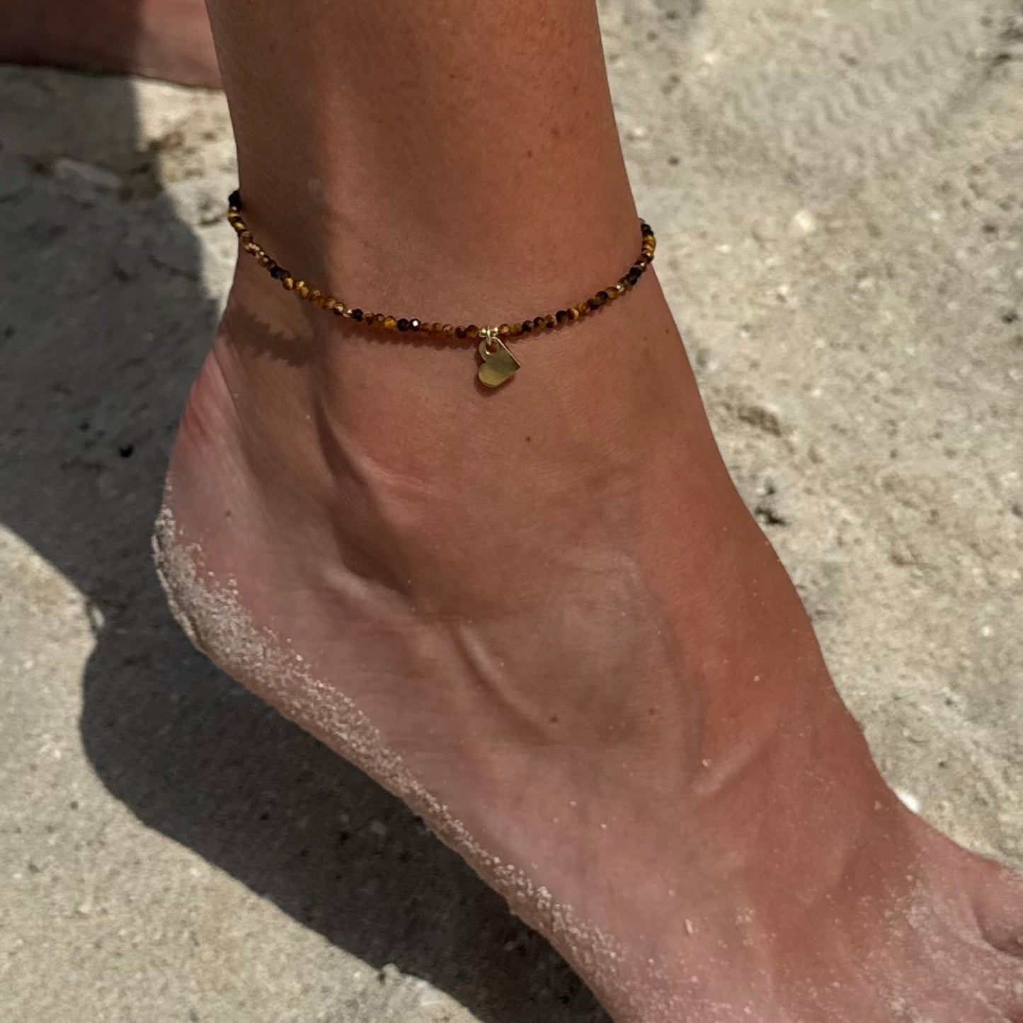 Tiger’s Eye Anklet with Gold-Plated Silver & Heart Charm