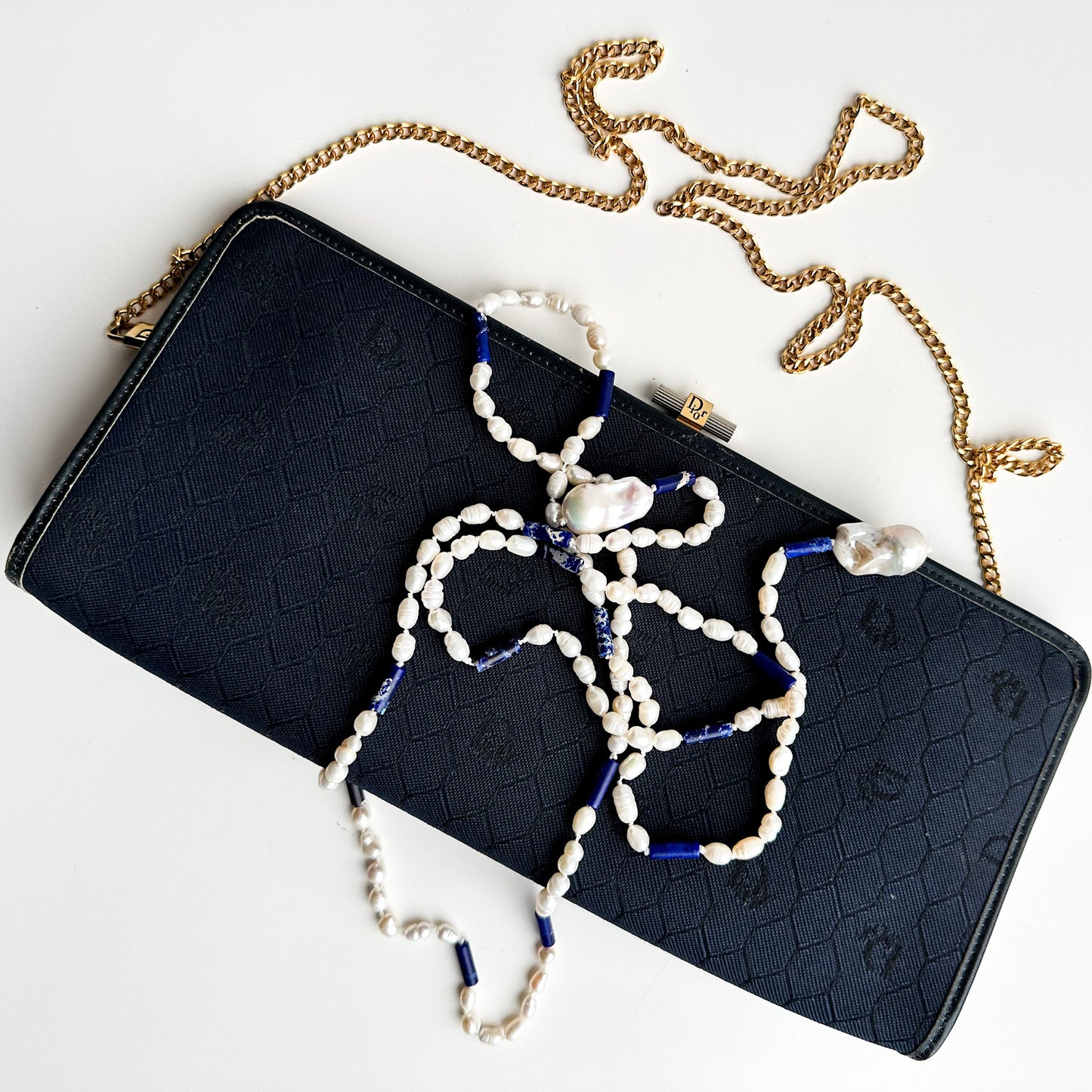 Lapis lazuli & Pearl Necklace, Bag charm, Belt – Multi-Use Piece