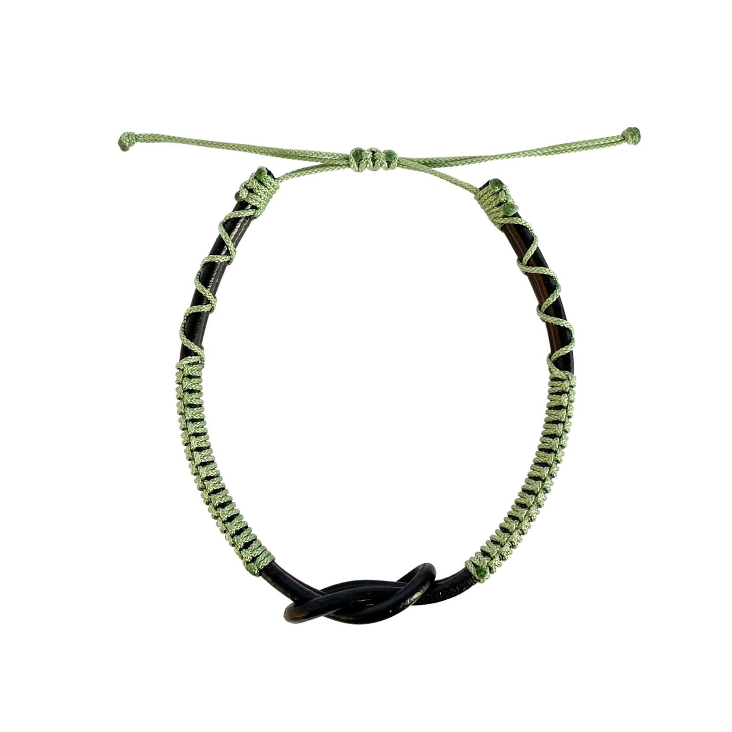 Eternal Knot Black Leather Bracelet – Green Thread