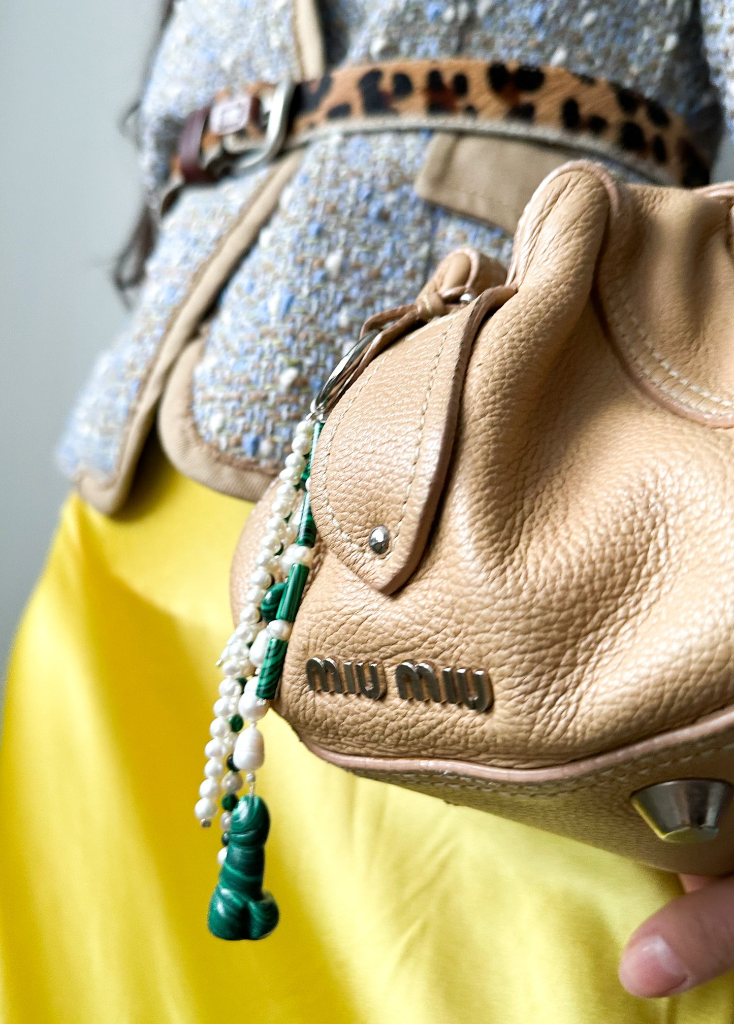 Malachite & Pearl Bag Charm – Bold Energy with Silver Details