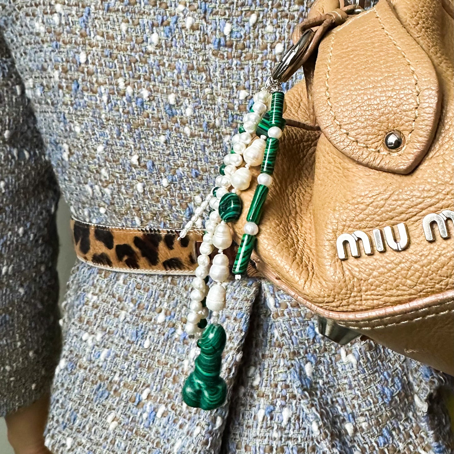 Malachite & Pearl Bag Charm – Bold Energy with Silver Details