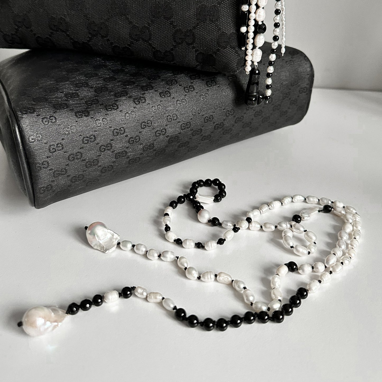 Onyx & Pearl Necklace, Bag charm, Belt – Multi-Use Piece