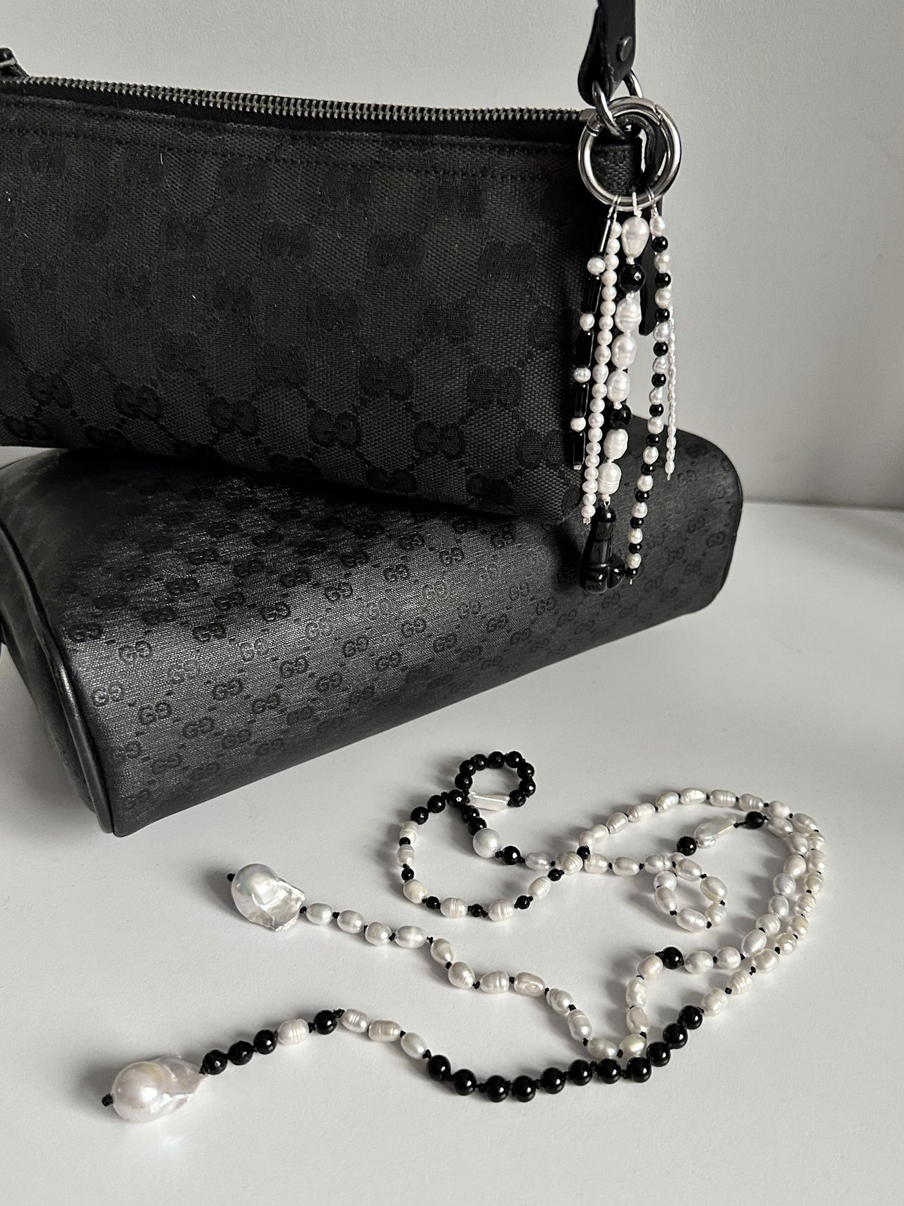 Onyx & Pearl Necklace, Bag charm, Belt – Multi-Use Piece