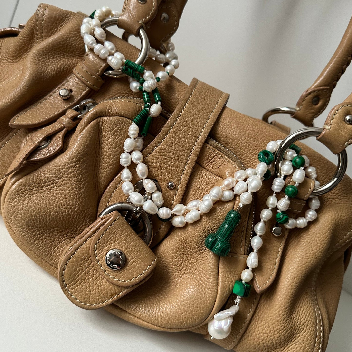 Pearl & Malachite Necklace, Bag charm, Belt – Multi-Use Piece