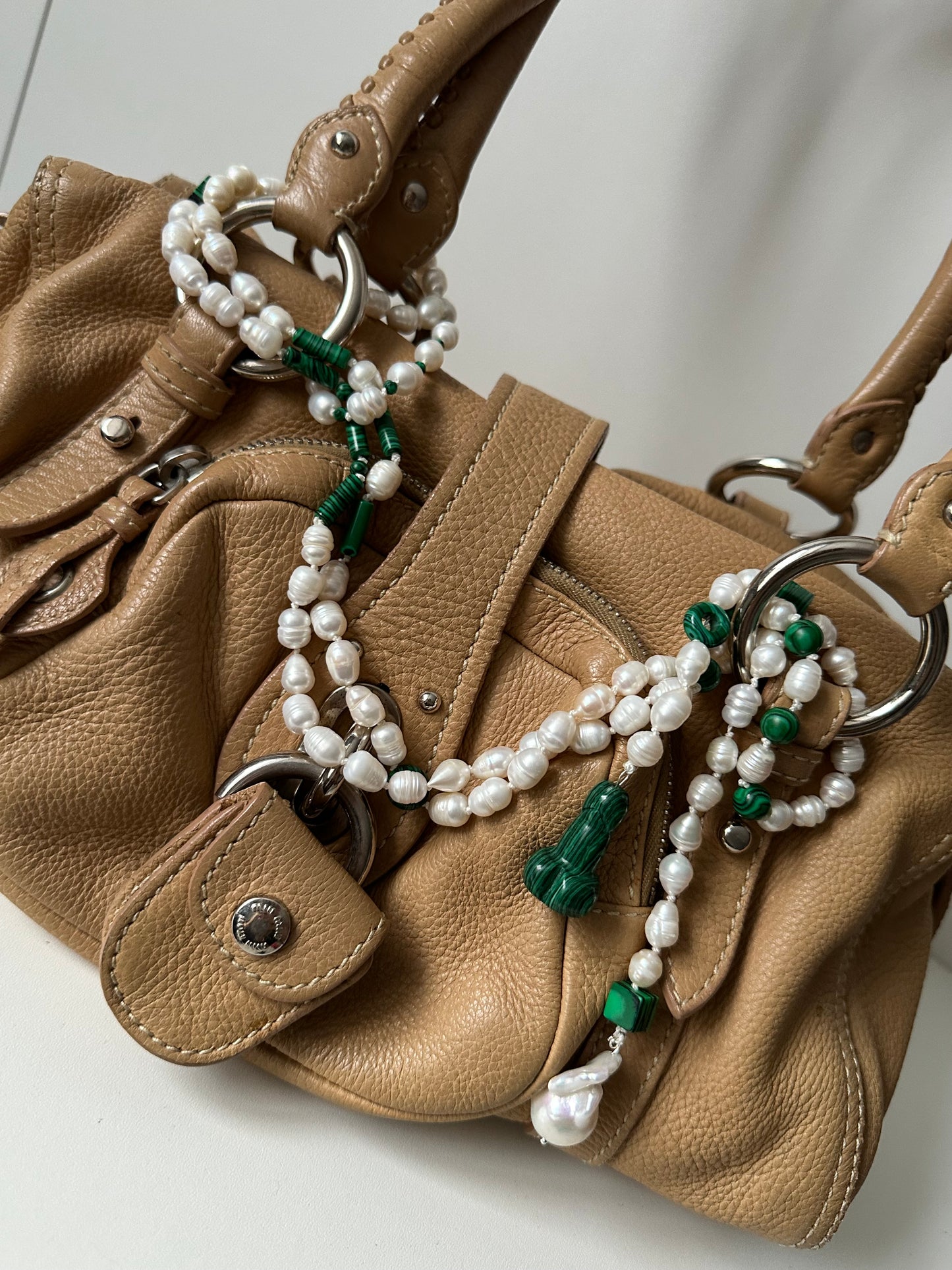 Pearl & Malachite Necklace, Bag charm, Belt – Multi-Use Piece