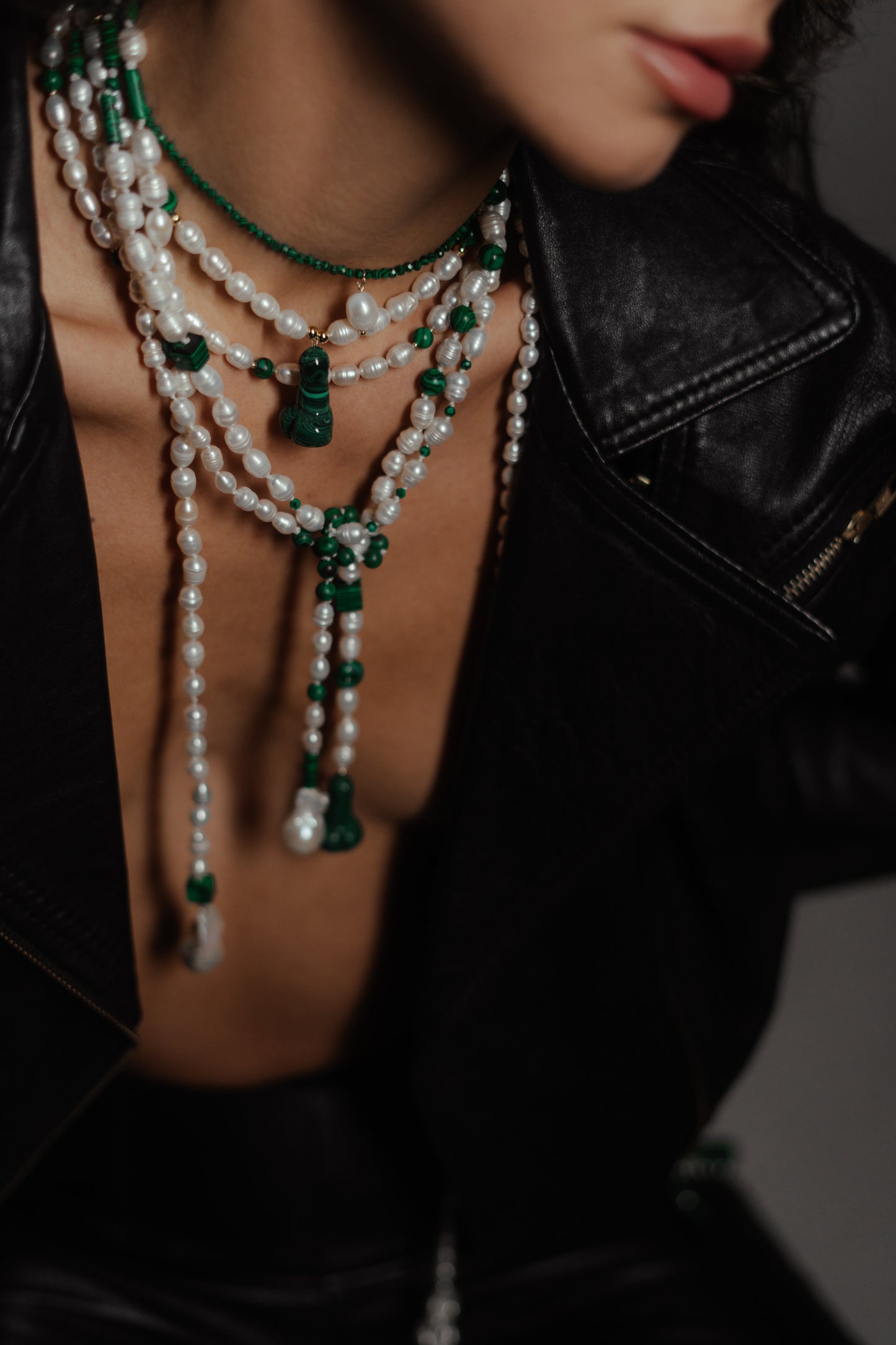 Pearl & Malachite Necklace, Bag charm, Belt – Multi-Use Piece