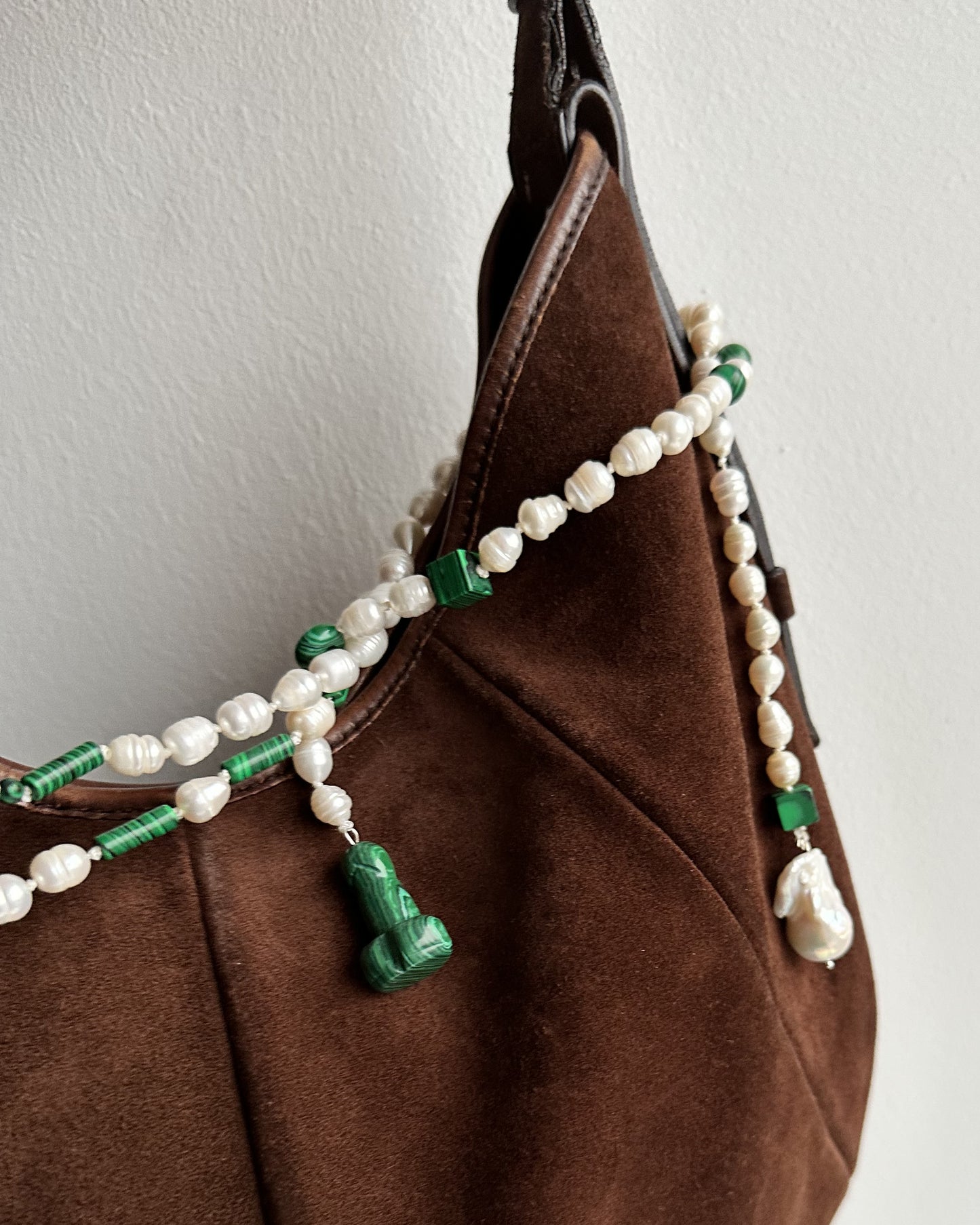 Pearl & Malachite Necklace, Bag charm, Belt – Multi-Use Piece