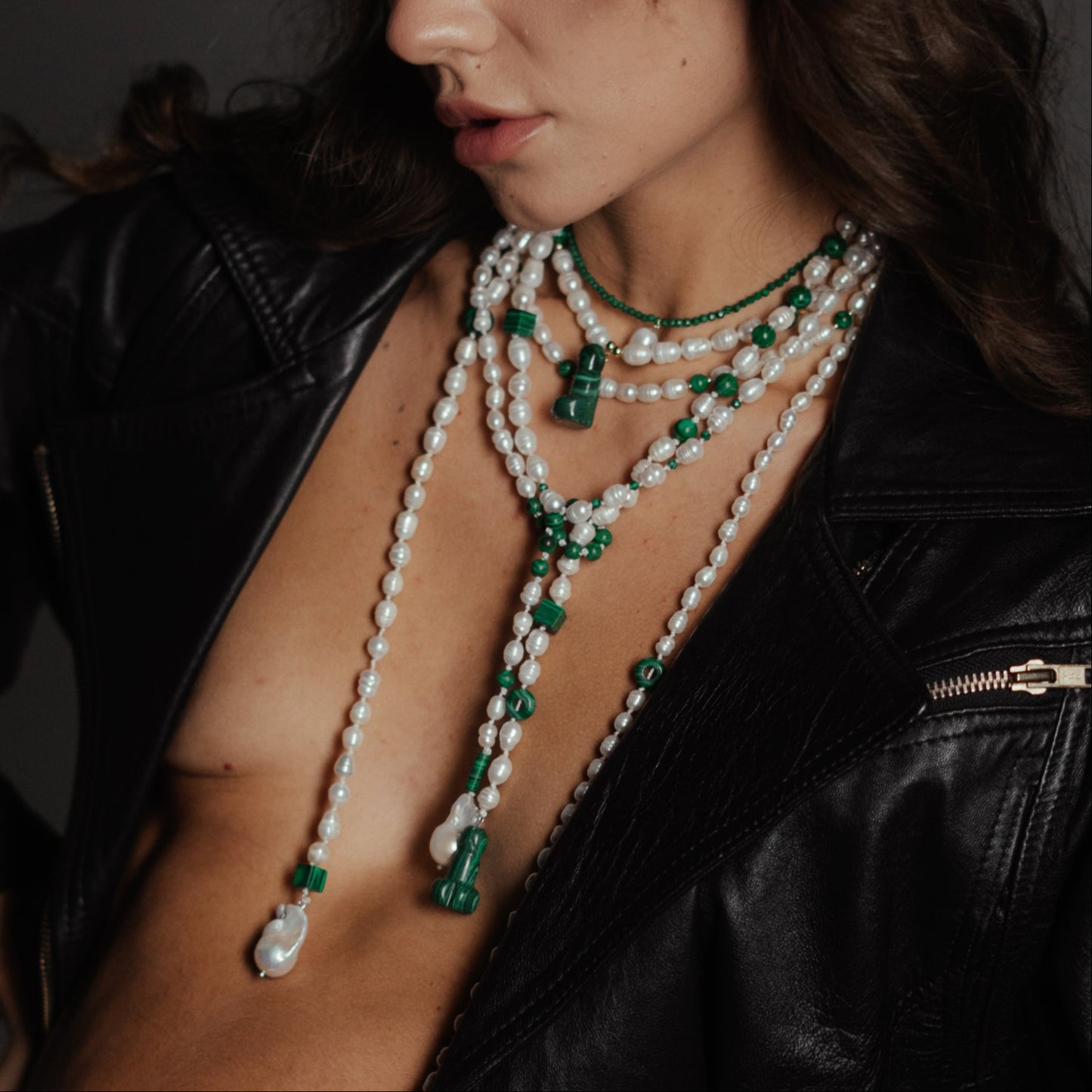 Pearl & Malachite Necklace, Bag charm, Belt – Multi-Use Piece