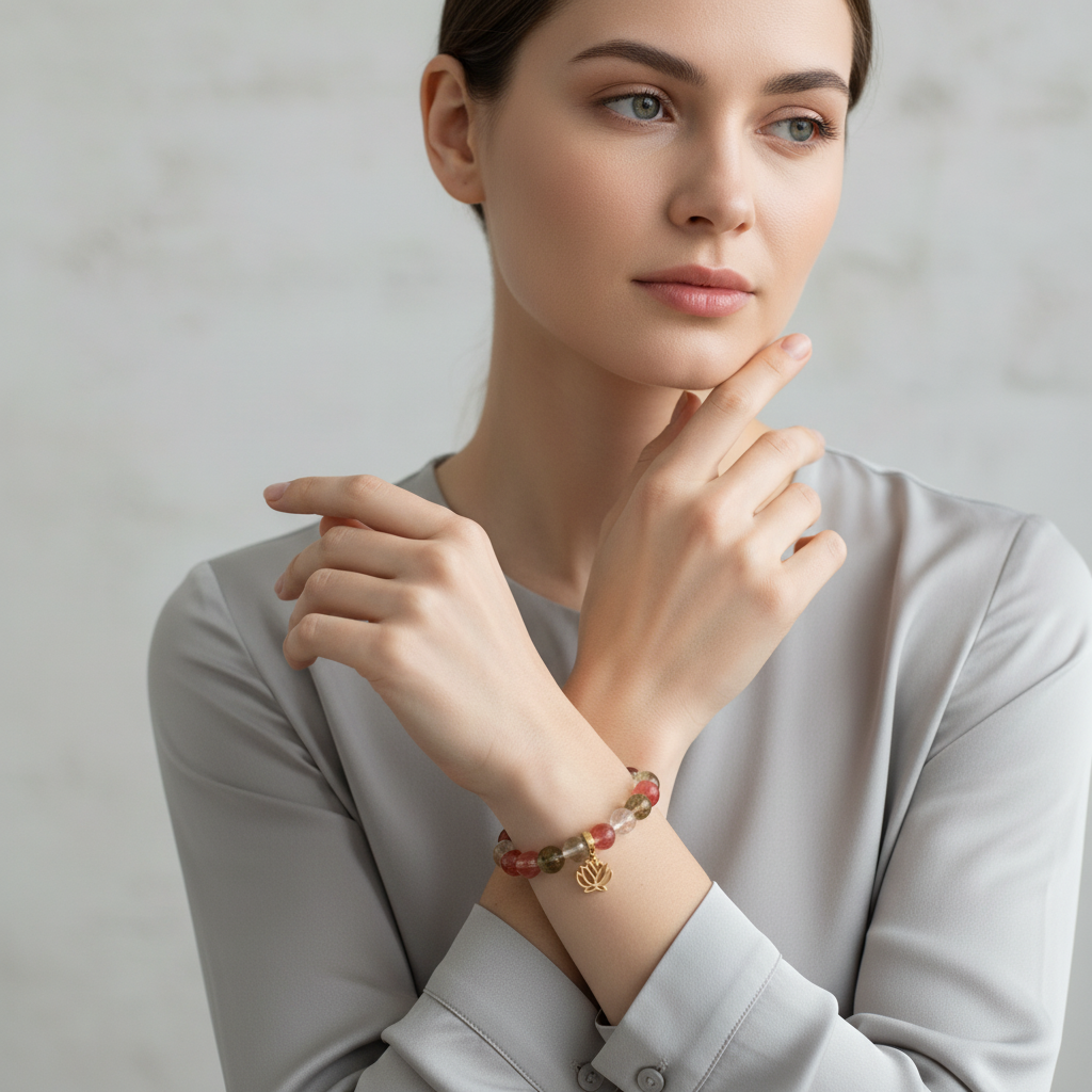 Watermelon Quartz Bracelet with Lotus Charm