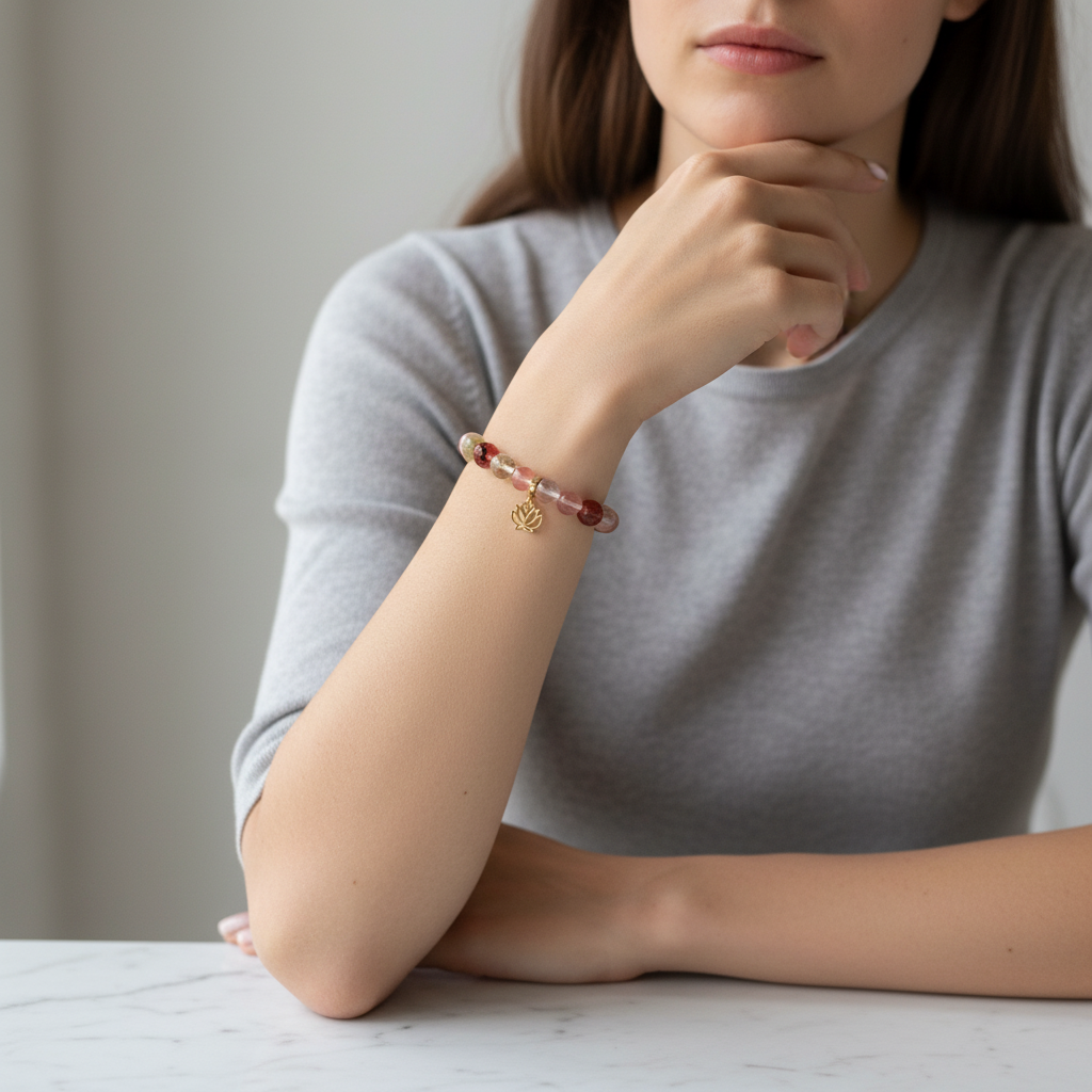 Watermelon Quartz Bracelet with Lotus Charm