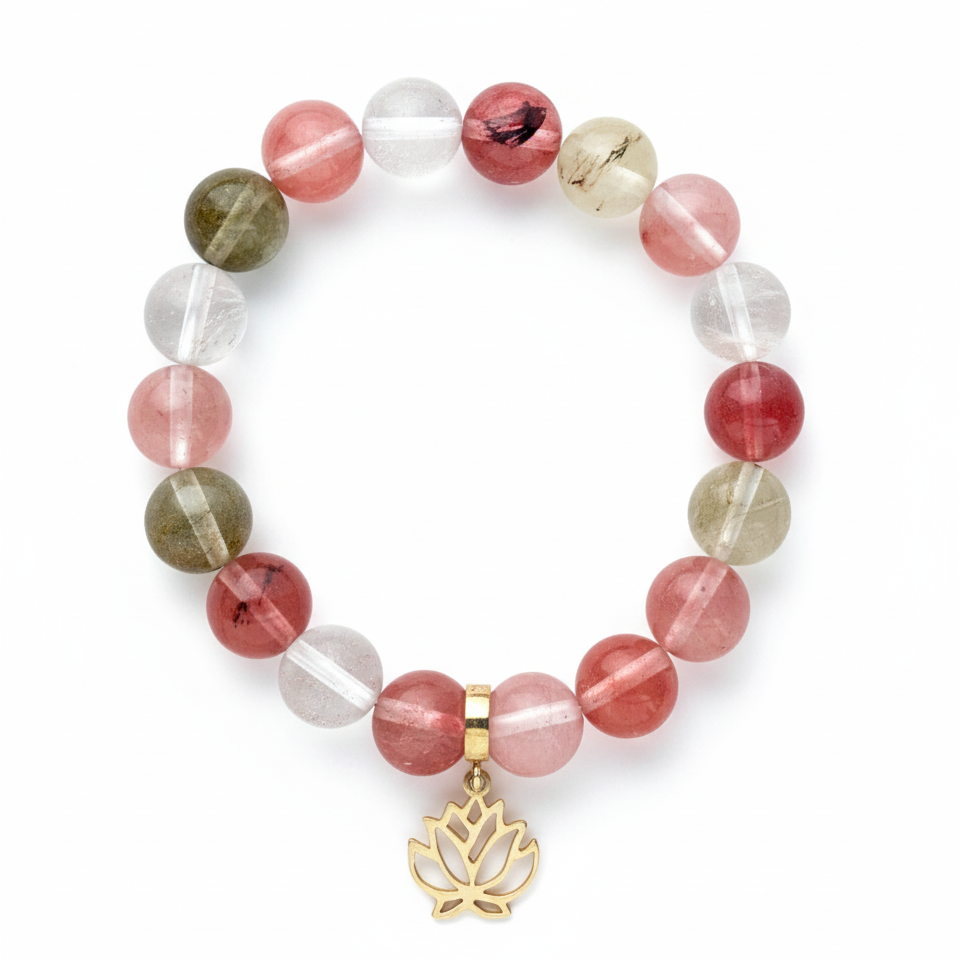 Watermelon Quartz Bracelet with Lotus Charm