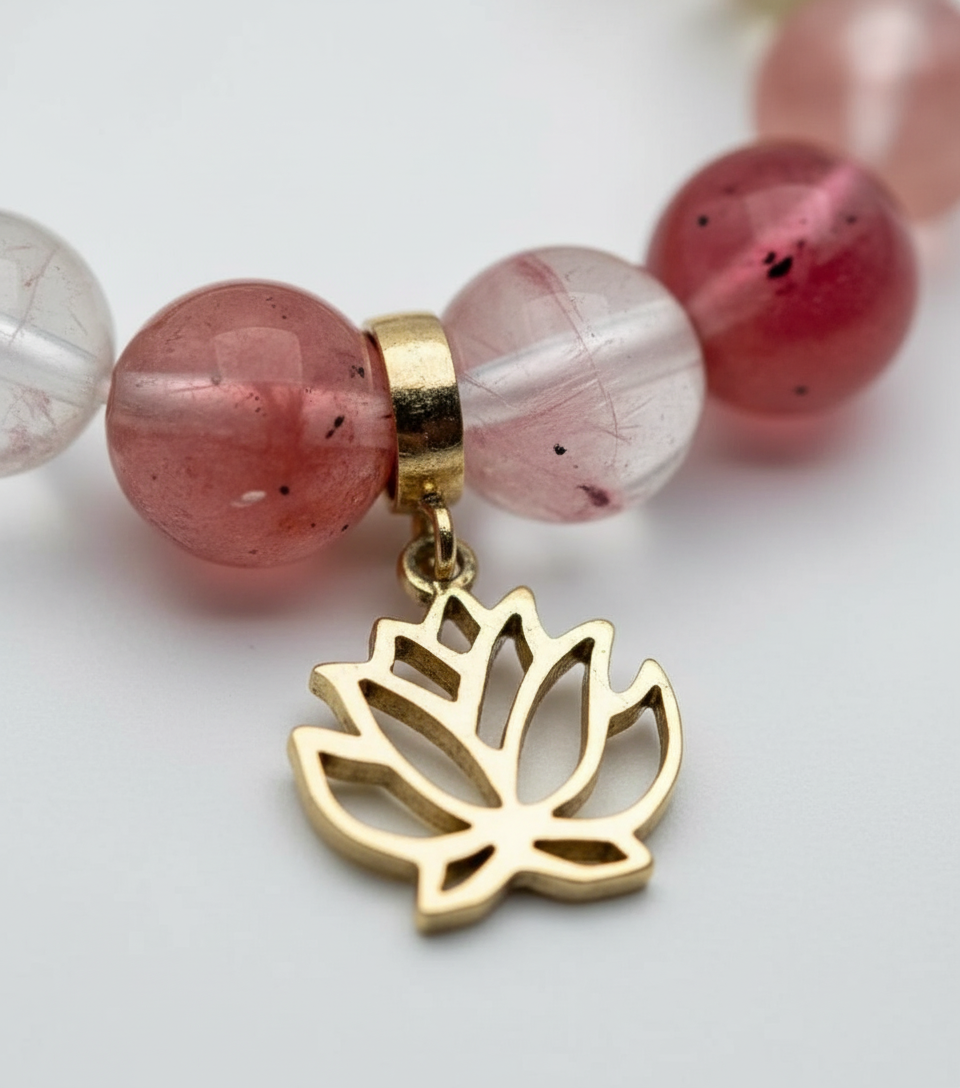 Watermelon Quartz Bracelet with Lotus Charm