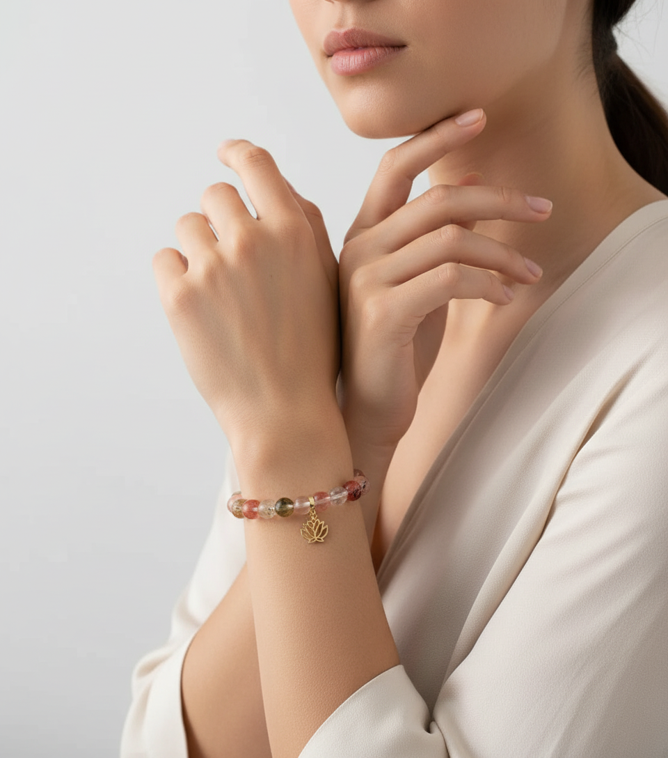 Watermelon Quartz Bracelet with Lotus Charm