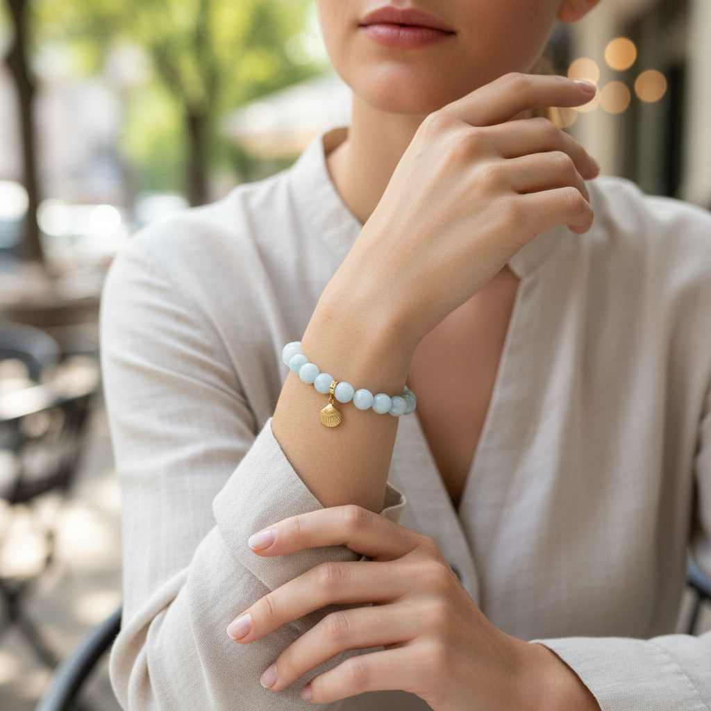 Aquamarine Bracelet with Shell Charm