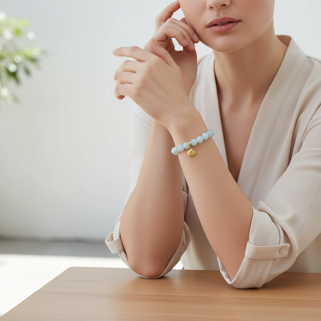 Aquamarine Bracelet with Shell Charm