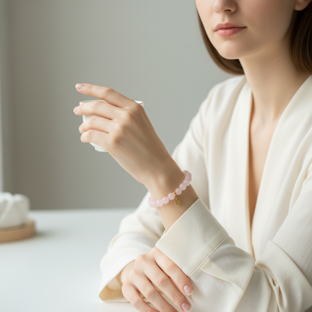 Rose Quartz Bracelet with Lotus Charm