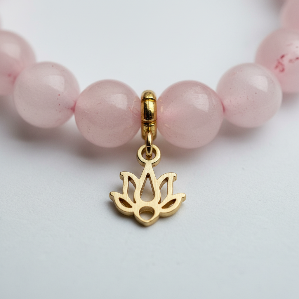Rose Quartz Bracelet with Lotus Charm