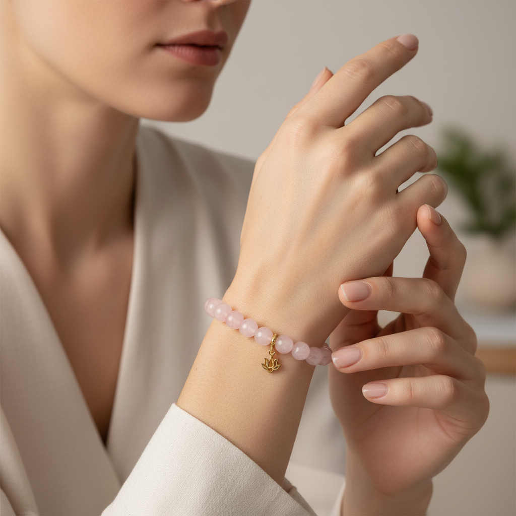 Rose Quartz Bracelet with Lotus Charm