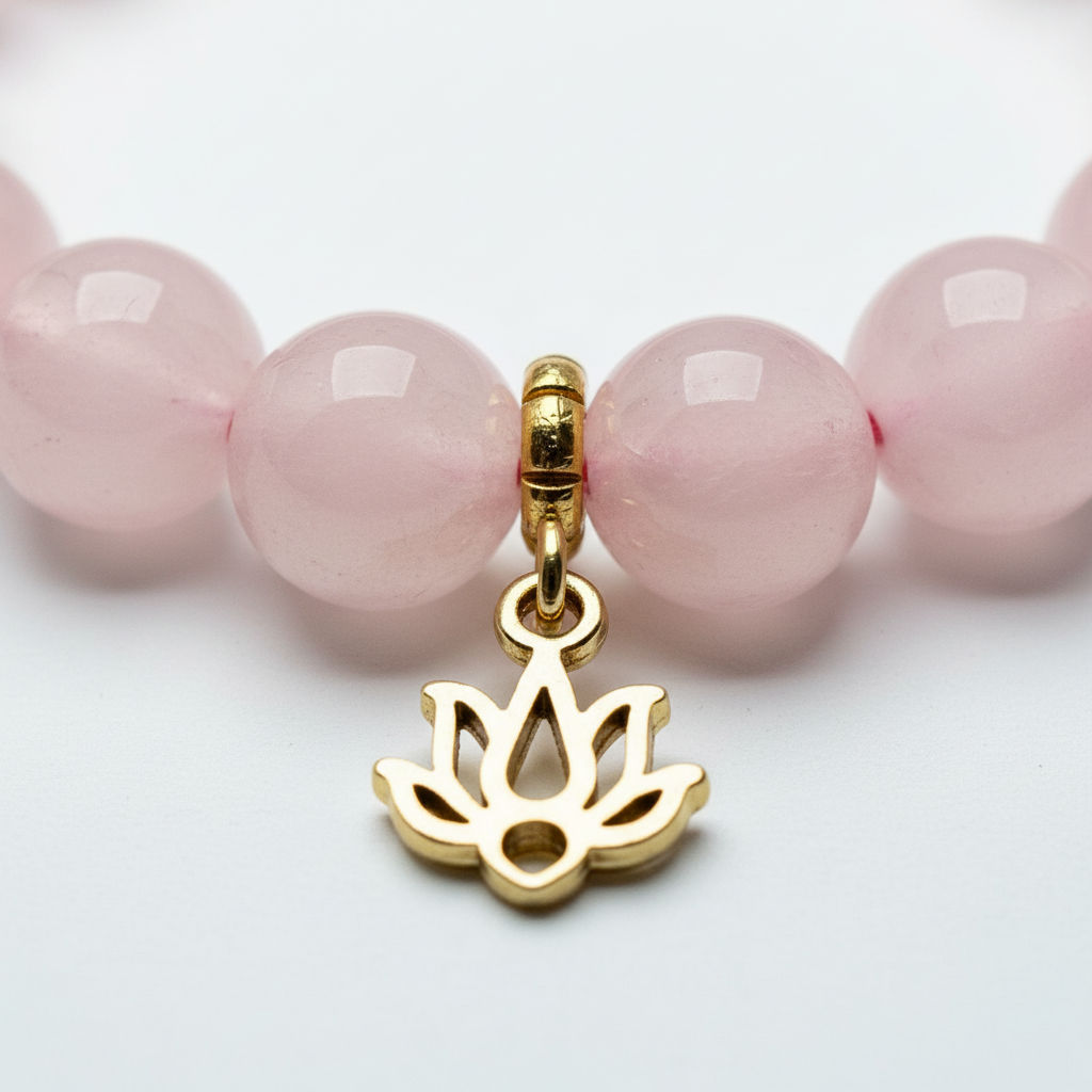 Rose Quartz Bracelet with Lotus Charm