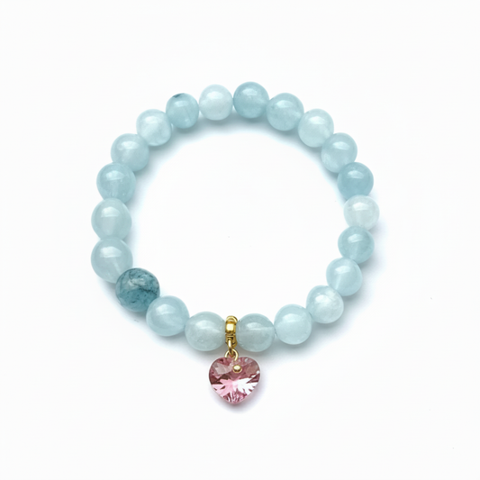 Aquamarine Bracelet with Pink Heart Charm