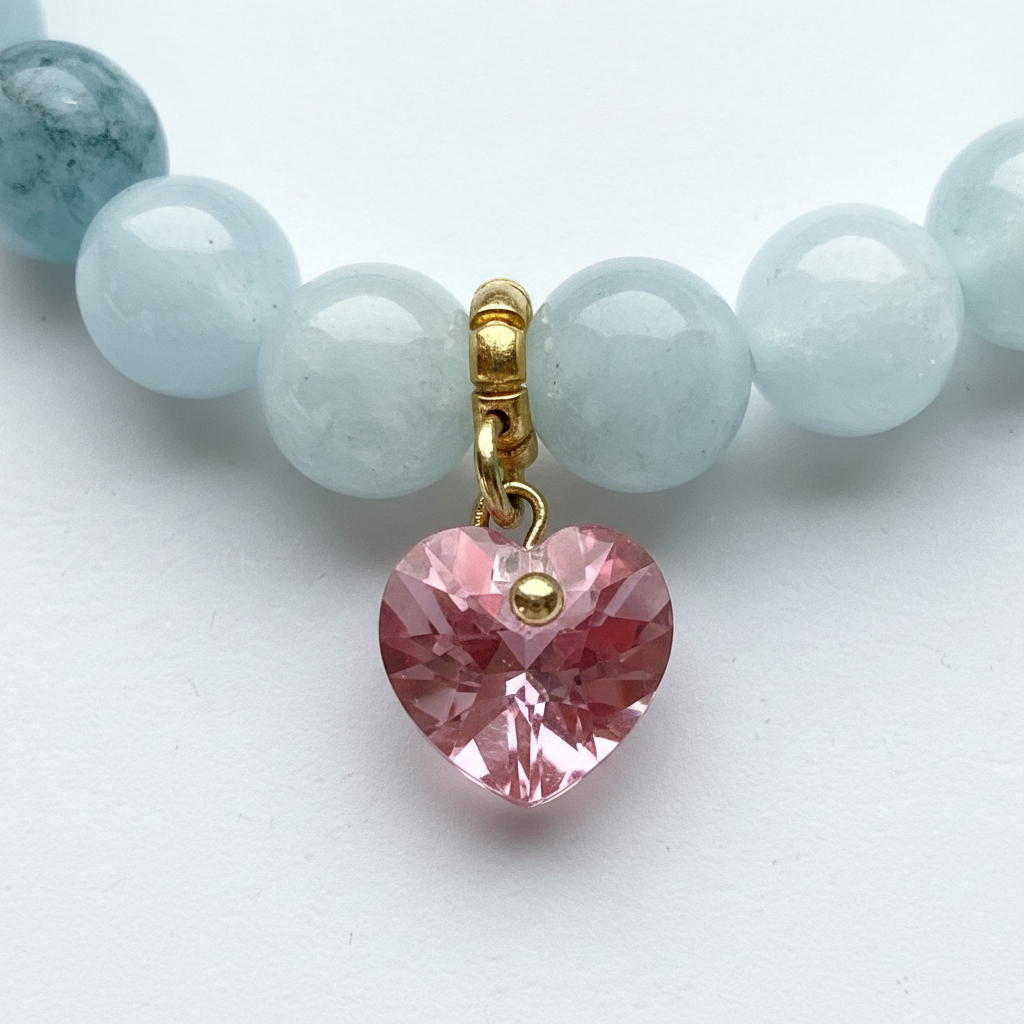 Aquamarine Bracelet with Pink Heart Charm