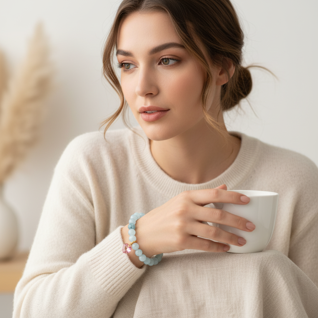 Aquamarine Bracelet with Pink Heart Charm
