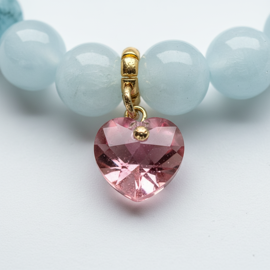 Aquamarine Bracelet with Pink Heart Charm