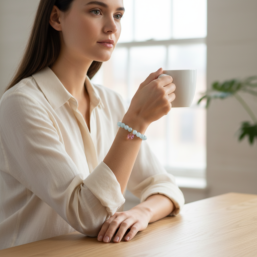Aquamarine Bracelet with Pink Heart Charm