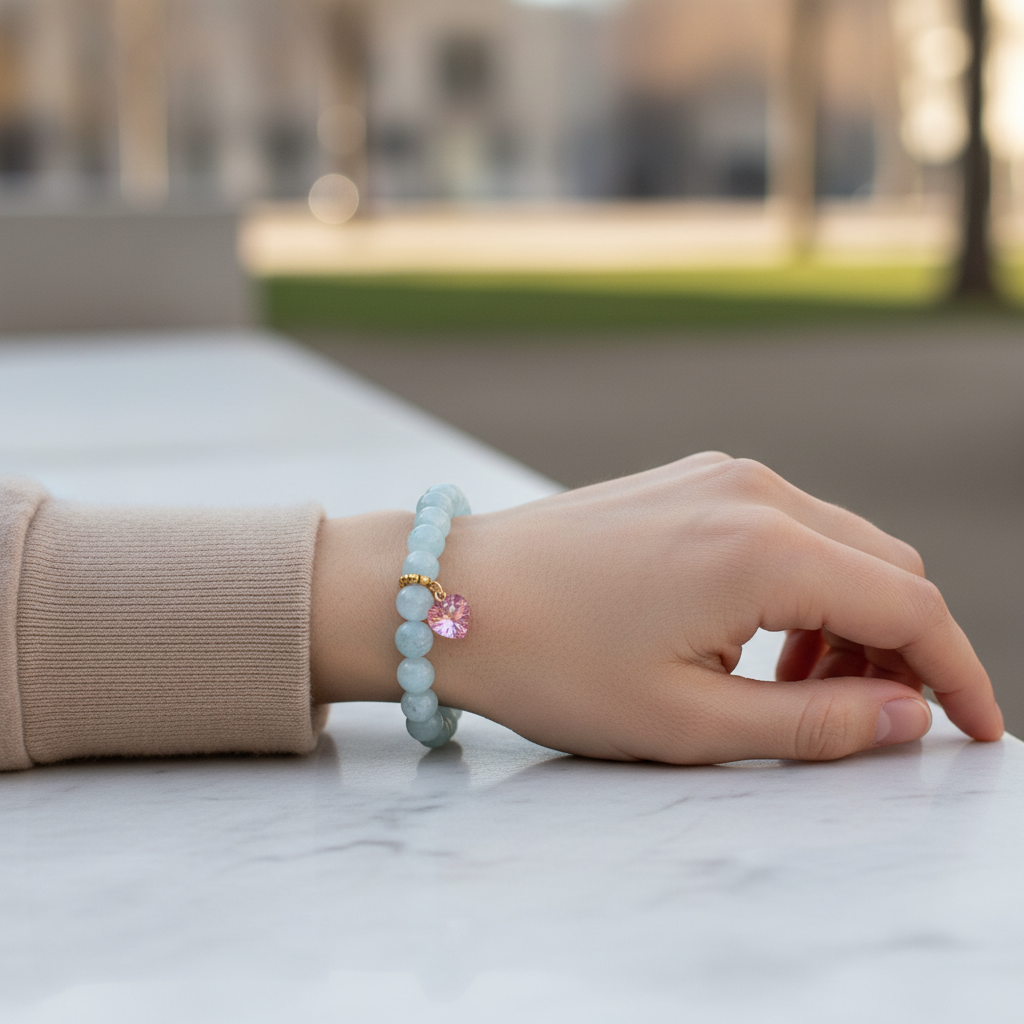 Aquamarine Bracelet with Pink Heart Charm