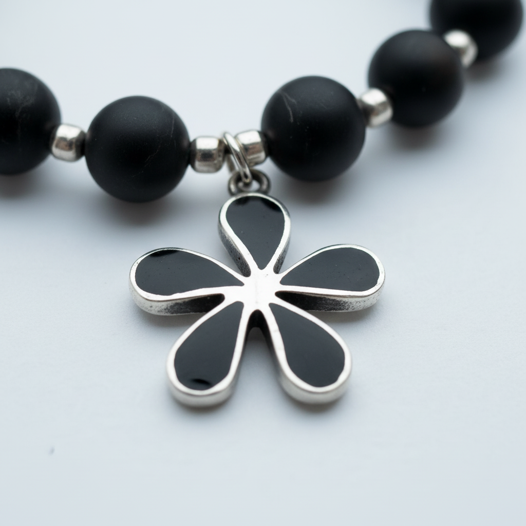 Onyx Bracelet with Vintage Silver Flower Charm