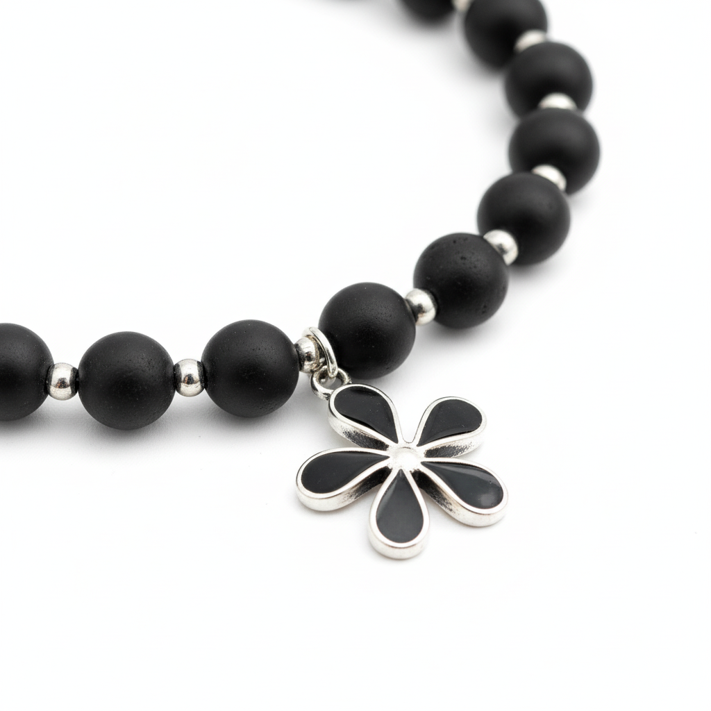 Onyx Bracelet with Vintage Silver Flower Charm