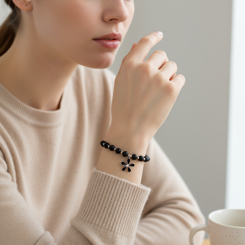 Onyx Bracelet with Vintage Silver Flower Charm