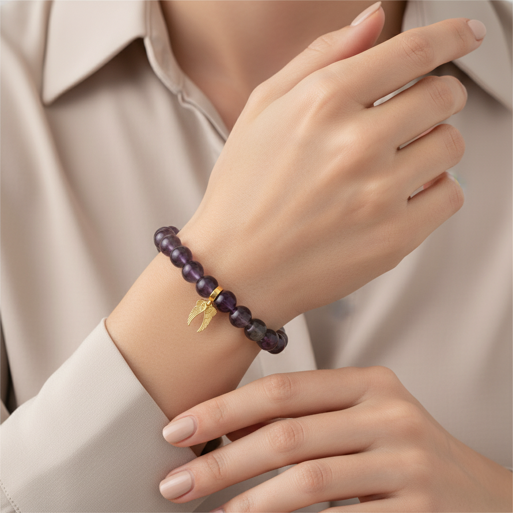 Amethyst Bracelet with Angel Wings Charm