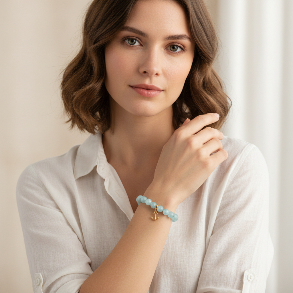 Aquamarine Bracelet with Anchor Charm