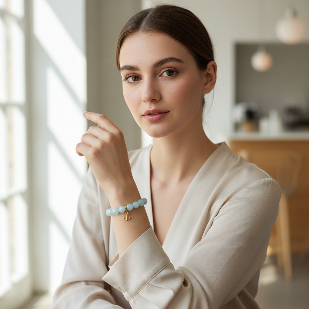 Aquamarine Bracelet with Anchor Charm