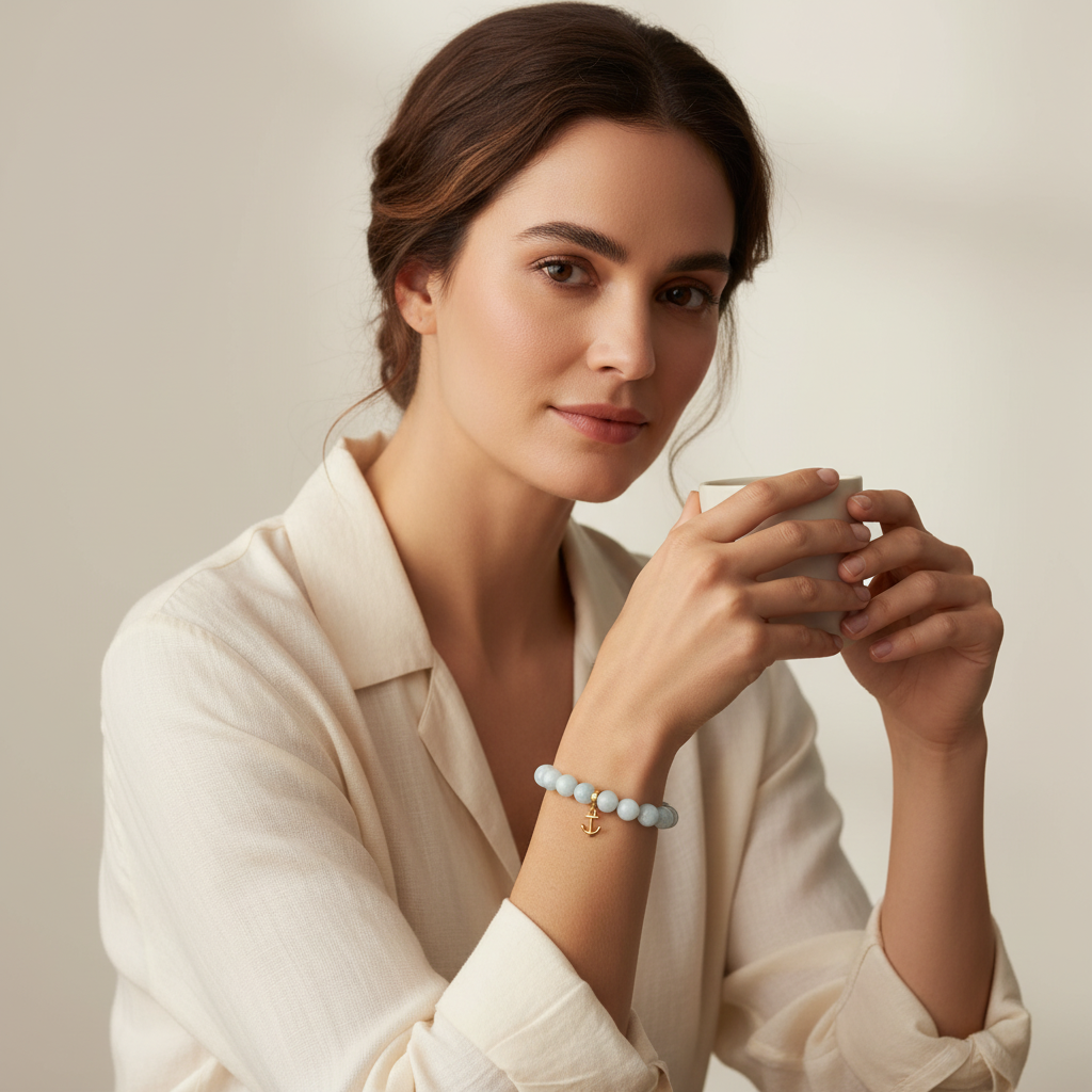 Aquamarine Bracelet with Anchor Charm