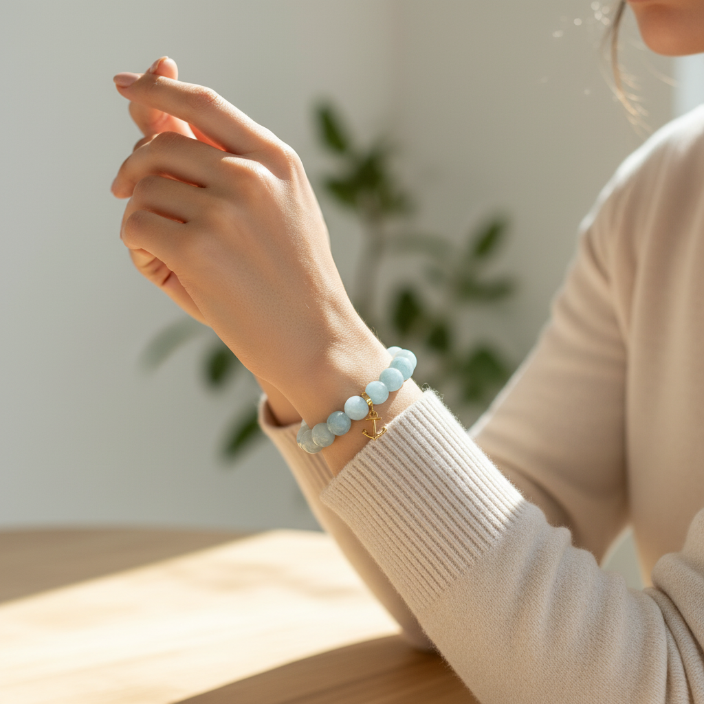 Aquamarine Bracelet with Anchor Charm