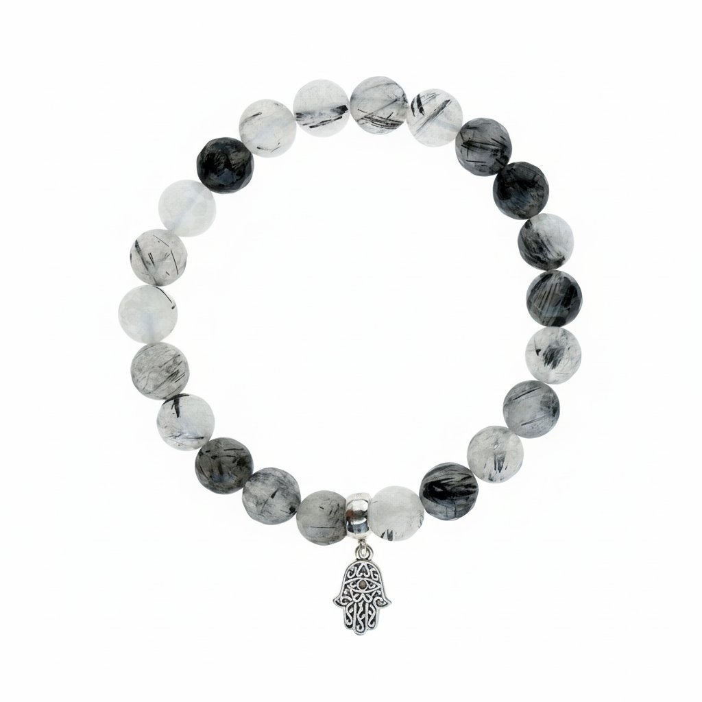 Tourmalinated Quartz Bracelet with Hamsa Charm
