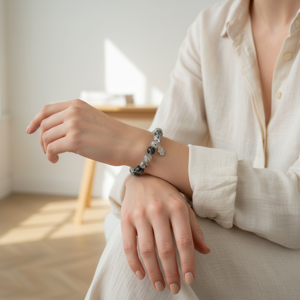 Tourmalinated Quartz Bracelet with Hamsa Charm