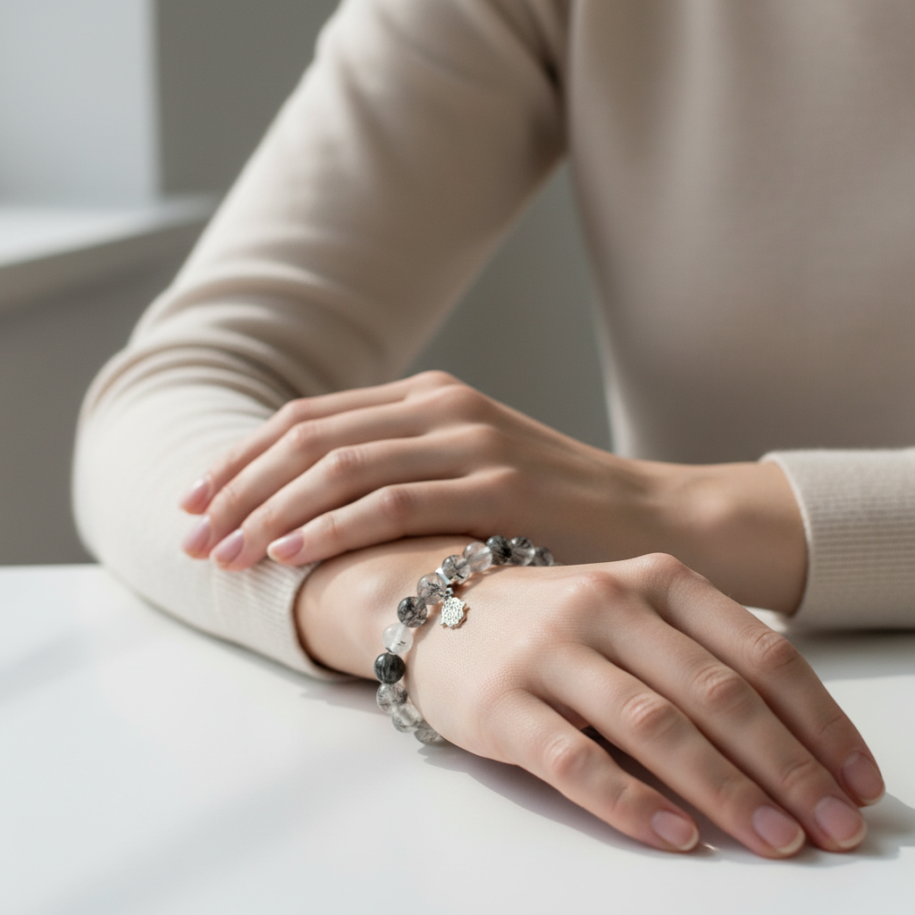 Tourmalinated Quartz Bracelet with Hamsa Charm