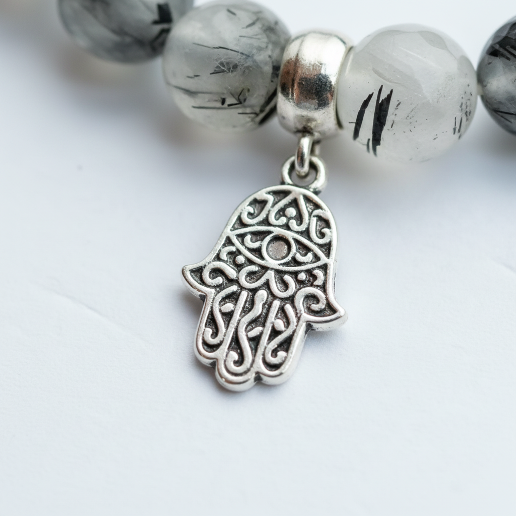 Tourmalinated Quartz Bracelet with Hamsa Charm